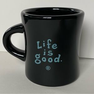 Life is Good Mug Coffee Cup Black EUC Tea Drink Stoneware Blue Logo 4” Ceramic